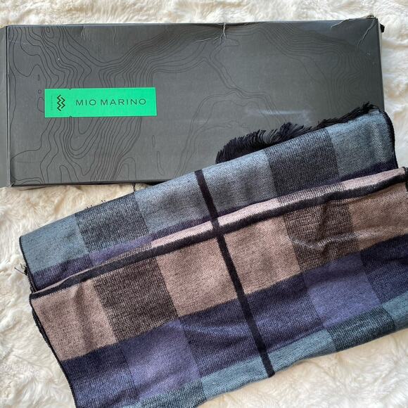 Mio Marino Men's Cashmina Scarf Checkered Blue Black Gray 70" x 12” Cotton NWT - Picture 1 of 13